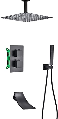 Thermostatisches Duschsystem mit Wasserfall Wanne Ausguss schwarzer Dusche Wasserhahn Set Decke montiertem Niederschlag Duschkopf System mit Handheld Dusch Set Regenmixer Dusche Kombination SE, 10 Thermostatisches Duschsystem mit Wasserfall Wanne Ausguss schwarzer Dusche Wasserhahn Set Decke montiertem Niederschlag Duschkopf System mit Handheld Dusch Set Regenmixer Dusche Kombination SE, 10 von QTYQWC