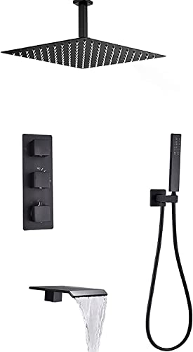 Thermostatisches Duschsystem mit Wasserfall Wanne Ausguss schwarzer Dusche Wasserhahn Set Decke montiertem Niederschlag Duschkopfsystem mit Handheld Dusch Set Regenmixer Dusche Kombination SE, 16 Thermostatisches Duschsystem mit Wasserfall Wanne Ausguss schwarzer Dusche Wasserhahn Set Decke montiertem Niederschlag Duschkopfsystem mit Handheld Dusch Set Regenmixer Dusche Kombination SE, 16 von QTYQWC