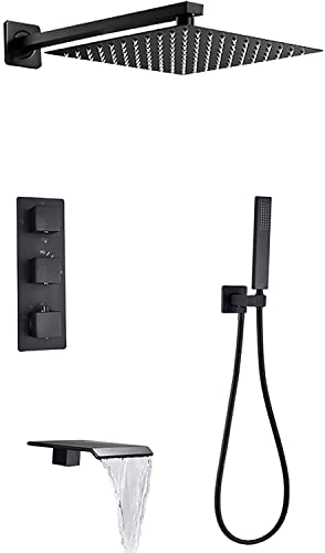 Thermostatisches Duschsystem mit Wasserfall Wanne Ausguss schwarzer Dusche Wasserhahn Set Wandmontage Duschkopfsystem mit Handheld Dusch Set Regenmixer Dusche Combo Set, 12 Zoll, 12 Zoll Thermostatisches Duschsystem mit Wasserfall Wanne Ausguss schwarzer Dusche Wasserhahn Set Wandmontage Duschkopfsystem mit Handheld Dusch Set Regenmixer Dusche Combo Set, 12 Zoll, 12 Zoll von QTYQWC