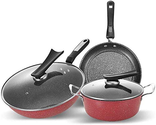 Wok Pan Kochgeschirrset Nicht-Stick Wok-Suppen-Topf-Pfanne dreiteiliger Kochherd Gasherd Home Küchenkochgeschirrkombination zum Kochen zum Kochen (schwarzer FRE von QTYQWC