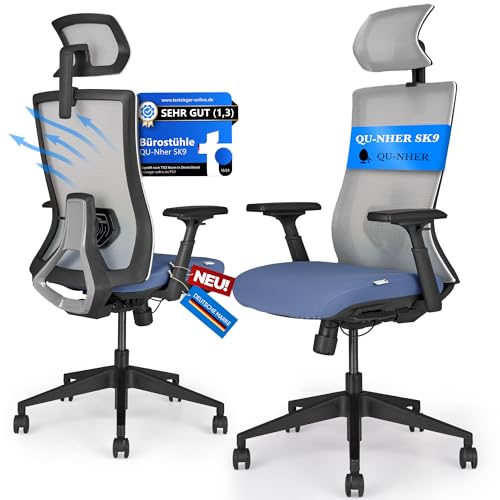 QU-Nher SK9 Bürostuhl Ergonomisch Weiss-blau [Langzeit Komfort] 150kg belastbar | Office Chair Schreibtischstuhl Computerstuhl Chefsessel Drehstuhl -Büro HomeOffice Hobby- ergreife Deine Chance von QU-Nher