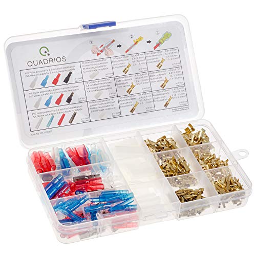 QUADRIOS GmbH Flachsteckhülsen Flachstecker Kabelschuhe Isolierhülsen Isoliertüllen Set Sortiment Box 260 Teile unisoliert, 0,14 mm² bis 2,5 mm² Sortimentskasten Industriequalität von QUADRIOS