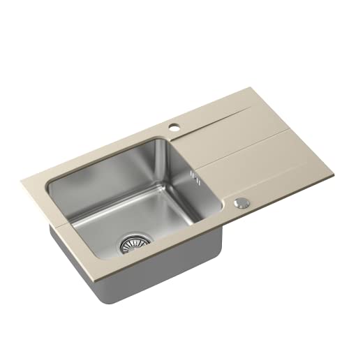 QUADRON Spülbecken Beige | Größe 78 x 44 cm | Edelstahlspüle EDWARD Einzelbecken Küchenspüle mit Stahlkammer | Granit Spülbecken mit manuellem Siphon und Schraubverschluss | mit Abtropffläche von Quadron