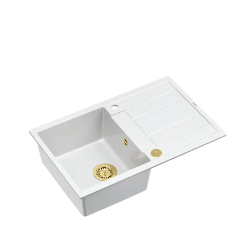 QUADRON Granitspüle Spülbecken | Größe 78 x 50 x 22 cm, Farbe: Weiß & Golden | MORGAN 111 Küchenspüle Granit Einbeckenspüle | Einzelbecken Küchenspüle mit Abtropffläche | Einbauspüle mit Hahnloch von Quadron