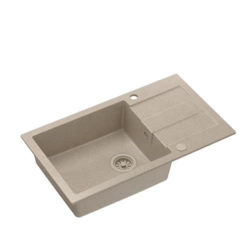 QUADRON Spülbecken Beige | Größe 78 x 45 x 18,5 cm | Granit Granitspüle CHRISTIAN 136 XL Einzelbecken Küchenspüle | mit manuellem Siphon und Abtropffläche | 1 Becken Einbauspüle von Quadron