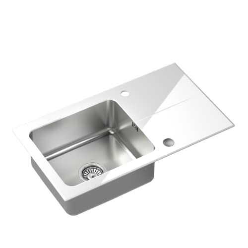 QUADRON Spülbecken Glasspüle Küche | Größe 77 x 44 x 19 cm, Farbe: Weiß | HUGH 111 Gehärtetes Glas Einbeckenspüle | Einzelbecken Küchenspüle Edelstahl Stahlspüle von Quadron