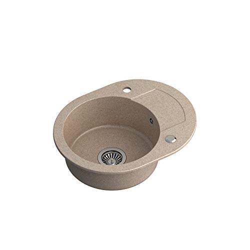 QUADRON Spülbecken Rund Spüle Küche Beige & Stahl | Größe 46 X 58,5 X 17,5 Durchmesser Ø 38 | JOHNNY 216 Granit Granitspüle | Einbauspüle mit Hahnloch | Einbeckenspüle Küchenspüle von Quadron