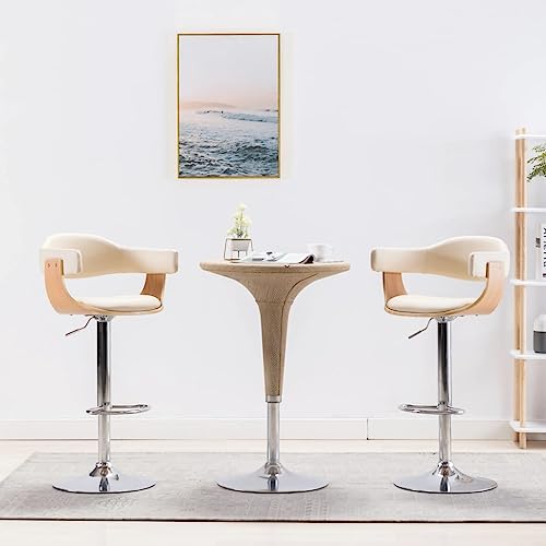 Barhocker Set aus 2 Stück, Cremeweißes Kunstleder und Bugholz, Höhenverstellbar mit Fußstütze, Modernes Design für Küche und Theke, Stabile Esszimmerstühle von QUAHEAS