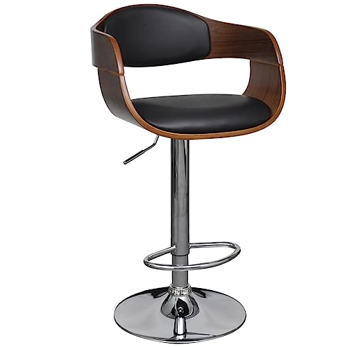 Höhenverstellbarer Barhocker Schwarz-Braun aus Bugholz und Kunstleder, drehbar mit Rückenlehne für Küche, Theke und Esszimmer, 110 kg Tragkraft von QUAHEAS