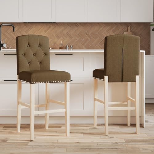 QUAHEAS Barstühle 2er-Set, Massivholz Gummibaum, Stoffbezug Taupe, Moderne hohe Küchenstühle, robuste Counter Stools für Esszimmer und Wohnbereich, bequem und langlebig von QUAHEAS