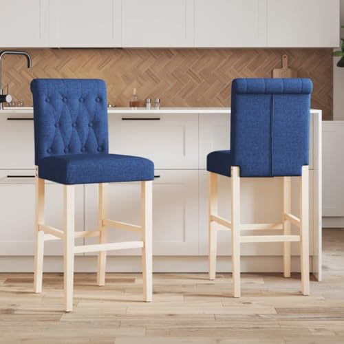 QUAHEAS Barstühle 2er-Set aus Massivholz Gummibaum und blauem Stoff, 75 cm Sitzhöhe, robust bis 110 kg, für Küche, Esszimmer, Wohnzimmer von QUAHEAS