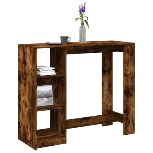 QUAHEAS Bartisch mit Regal Räuchereiche 124x46x103,5 cm, robuster Stehtisch aus Holzwerkstoff für Küche und Esszimmer, vielseitige Essgelegenheit mit Stauraum für Flaschen und Bücher von QUAHEAS