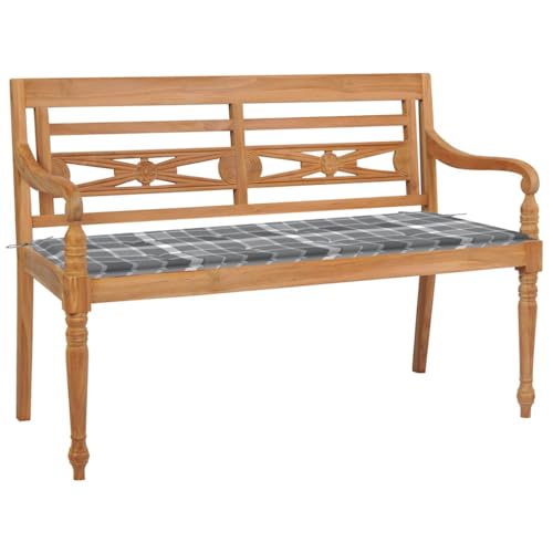 QUAHEAS Batavia Gartenbank Teak Massiv 120 cm, Wetterbeständige Outdoor Bank mit Grauem Karomuster Kissen, Robuste & Gemütliche Garten Möbel für Terrasse, Bänke & den Außenbereich von QUAHEAS