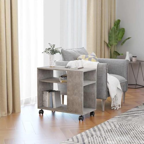 QUAHEAS Beistelltisch Betongrau, 70x35x55 cm, Holzwerkstoff, mit Rollen für Wohnzimmer, Schlafzimmer, Couchtisch, modernes Design von QUAHEAS