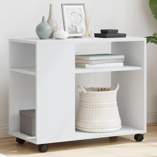 QUAHEAS Beistelltisch mit Rollen, Weiß, 70x35x60 cm, vielseitiger Holzwerkstoff Nachtschrank für Wohnzimmer, Schlafzimmer und Büro von QUAHEAS