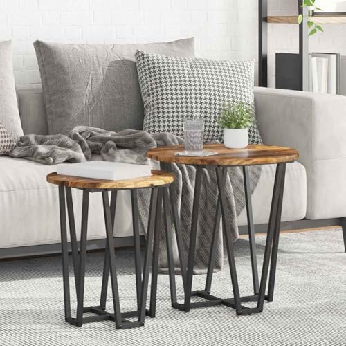QUAHEAS Beistelltische 2 STK., rund, aus geräucherter Eiche und Metall, ideal als Nachttisch, Couchtisch oder Dekoration für Wohnzimmer und Schlafzimmer von QUAHEAS