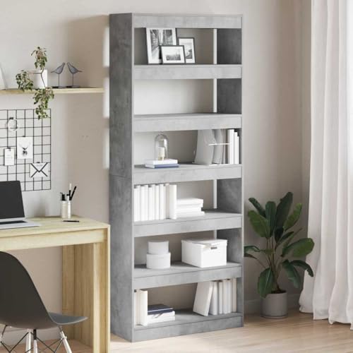 QUAHEAS Bücherregal, Raumteiler, Betongrau, 80x30x198 cm, modernes Design, vielseitiger Stauraum für Wohnzimmer, Büro, Schrank, sichere Wandbefestigung, langlebige Holzkonstruktion von QUAHEAS