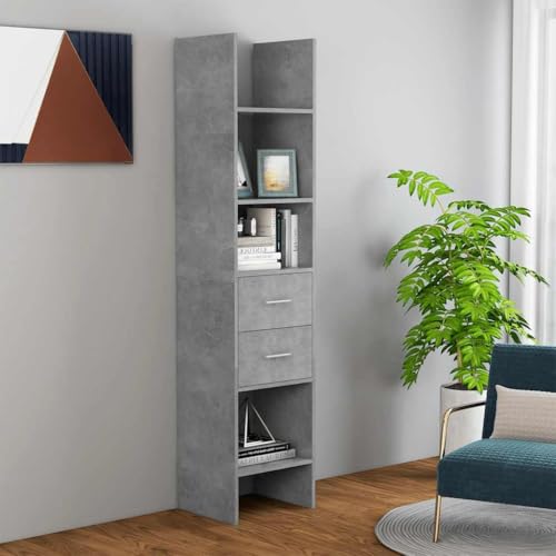 QUAHEAS Bücherregal Betongrau 40x35x180 cm, Modernes Standregal mit 4 Fächern und 2 Schubladen für Bücher, Zeitschriften, Dekoration, Stilvoller Holzwerkstoff Schrank für Wohnzimmer, Schlafzimmer QUAHEAS Bücherregal Betongrau 40x35x180 cm, Modernes Standregal mit 4 Fächern und 2 Schubladen für Bücher, Zeitschriften, Dekoration, Stilvoller Holzwerkstoff Schrank für Wohnzimmer, Schlafzimmer von QUAHEAS