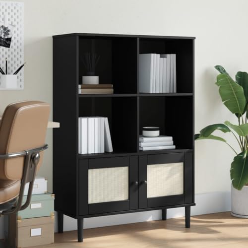 QUAHEAS Bücherregal SENJA, 90x35x130cm, Schwarz mit Rattan-Optik, Kiefernholz, Stauraum für Bücher, Wohnzimmer, Schlafzimmer QUAHEAS Bücherregal SENJA, 90x35x130cm, Schwarz mit Rattan-Optik, Kiefernholz, Stauraum für Bücher, Wohnzimmer, Schlafzimmer von QUAHEAS