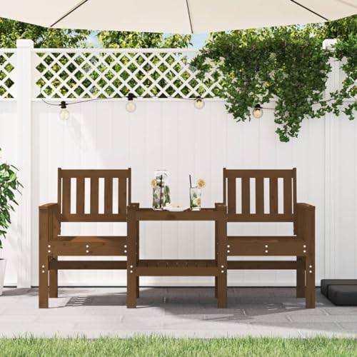QUAHEAS Elegante Honigbraune Massivholz Kiefer Gartenbank 2-Sitzer mit praktischem Tisch, robuste Outdoor Sitzmöbel für Terrasse und Garten, Bequeme Stuhl Kombination für den Außenbereich von QUAHEAS
