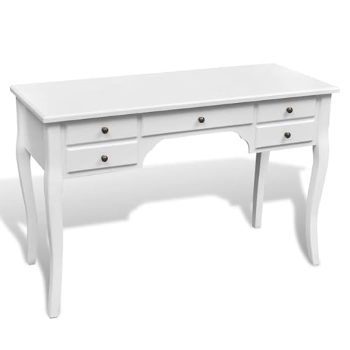 QUAHEAS Französischer Holz-Schreibtisch, weiß lackiert, mit geschwungenen Beinen, 5 Schubladen, ideal für Büro, Arbeitszimmer, Computertisch, Home-Office QUAHEAS Französischer Holz-Schreibtisch, weiß lackiert, mit geschwungenen Beinen, 5 Schubladen, ideal für Büro, Arbeitszimmer, Computertisch, Home-Office von QUAHEAS