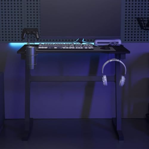 QUAHEAS Gaming-Schreibtisch, LED RGB Beleuchtung, Z-förmiges Gestell, Schwarz, 90x60x75 cm, Computertisch für Zuhause, Büro, Arbeitszimmer von QUAHEAS