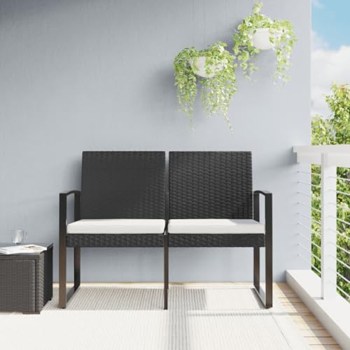 QUAHEAS Gartenbank 2-Sitzer Schwarz, PP-Rattan Optik, mit bequemen Kissen, robuste Outdoor Bank für Terrasse und Garten, vielseitige Möbel für entspannte Stunden im Außenbereich von QUAHEAS