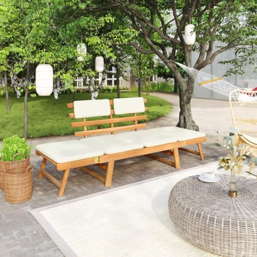 QUAHEAS Gartenbank 2-in-1, Massivholz Akazie, 190 cm, mit Cremeweiß Kissen, verstellbar für Outdoor Terrasse Möbel, robuste Garten Bänke für den Außenbereich von QUAHEAS