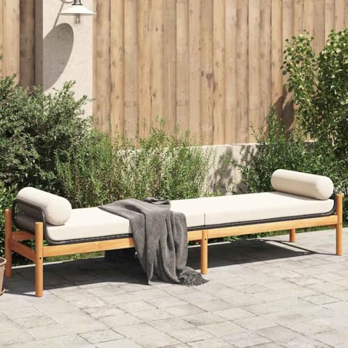 QUAHEAS Gartenbank Schwarz, Wetterfeste Outdoor Gartenmöbel mit Bequemen Cremeweißen Kissen, Komfortable Poly Rattan Akazienholz Sitzbank für Terrasse, Garten und Außenbereich von QUAHEAS