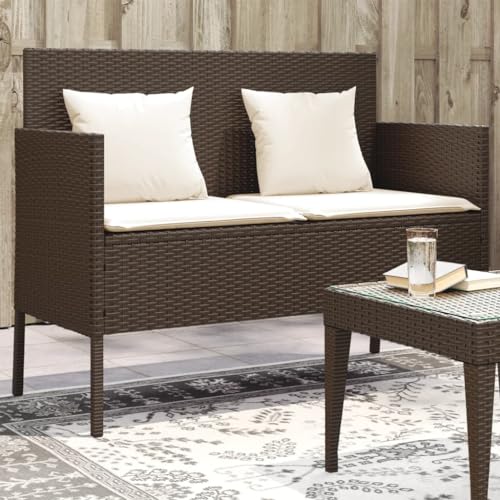 QUAHEAS Gartenbank mit Integriertem Stauraum aus Braunem Poly Rattan, Komfortable Outdoor Gartenmöbel Sitzgelegenheit für Terrasse und Draußen, Robuste Bank mit Cremeweißen Kissen von QUAHEAS