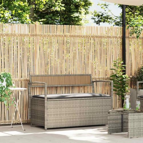 QUAHEAS Gartenbank mit Stauraum, bequemen Kissen & wasserfestem Beutel, langlebiges Hellgrau Poly Rattan für Outdoor Garten Möbel, Terrasse & Außenbereich Sitzbank von QUAHEAS