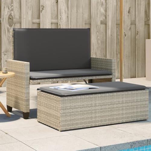 QUAHEAS Hellgraue 2-in-1 Gartenbank Outdoor Möbel mit Kissen & Hocker, umwandelbar zur Liege, Robustes Poly Rattan für Terrasse, Garten & Außenbereiche. von QUAHEAS