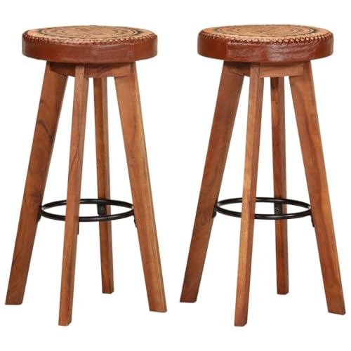 QUAHEAS Honigbrauner Barhocker 2er Set aus Massiver Akazie & Echtleder, 76 cm Höhe, Robustes Eisen-Gestell für Küche, Esszimmer, Frühstückstheke, max. 110 kg Belastbarkeit pro Stuhl von QUAHEAS