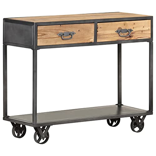 QUAHEAS Konsolentisch 90x35x74 cm aus massivem Altholz, recyceltem Teakholz, vielseitiger Flurtisch mit 2 Schubladen, Couchtisch mit Rollen, industrieller Beistelltisch für Ihr Wohnzimmer von QUAHEAS
