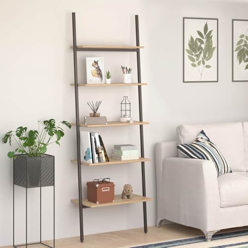 QUAHEAS Leiterregal 64x34x185,5 cm mit 5 Ablagen, Hellbraun & Schwarz, Robustes Standregal für Bücher, Pflanzen, Deko im Wohnzimmer, Schlafzimmer, Büro von QUAHEAS