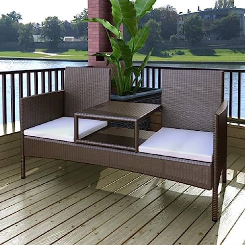 QUAHEAS Luxuriöses Gartensofa 2-Sitzer Braun, wetterfeste Outdoor Rattanbank mit integriertem Teetisch für Ihre Terrasse, Bequeme Garten Möbel Bänke im Außenbereich von QUAHEAS