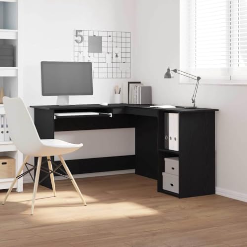 QUAHEAS Moderner Eckschreibtisch Schwarz Eiche 120x140x75 cm, Holzwerkstoff, für Heim & Büro, Schreibtisch mit Stauraum von QUAHEAS