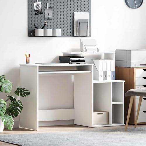 QUAHEAS Moderner Schreibtisch, 120.5x44x88.5 cm, Weiß, mit Regalen, ideal für Heimbüro, Computer, Arbeit, Holzwerkstoff, stabil von QUAHEAS