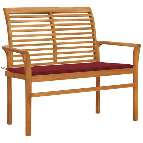 QUAHEAS Robuste Massivholz Teak Gartenbank 112 cm mit weinroter Auflage, langlebige Outdoor Sitzbank für Garten, Terrasse & Außenbereich, ideale Möbel für entspannte Stunden im Freien. von QUAHEAS