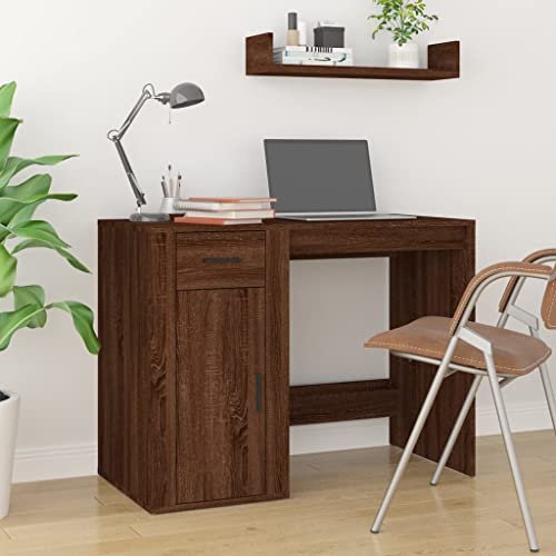 QUAHEAS Schreibtisch Braun Eichen-Optik, 100x49x75 cm, Moderner Computertisch für Home-Office & Büro, Robuster Holzwerkstoff Arbeitsplatz mit Schublade & Schrank von QUAHEAS