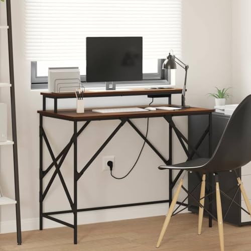 QUAHEAS Schreibtisch Braune Eiche, 100 x 50 x 86.5 cm, Holzwerkstoff, mit LED-Beleuchtung, Steckdose, für Home Office, modernes Design QUAHEAS Schreibtisch Braune Eiche, 100 x 50 x 86.5 cm, Holzwerkstoff, mit LED-Beleuchtung, Steckdose, für Home Office, modernes Design von QUAHEAS