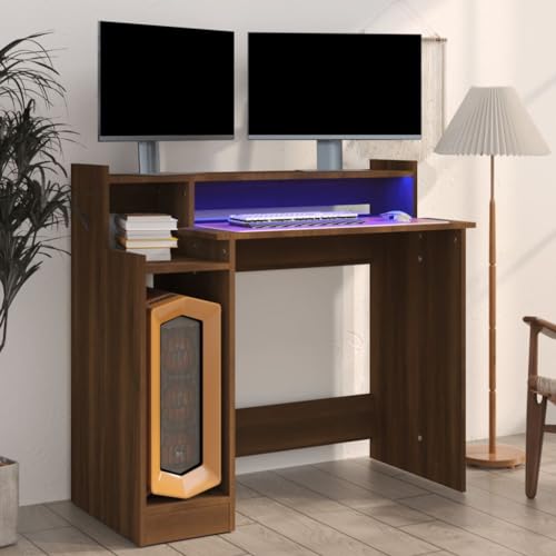 QUAHEAS Schreibtisch mit LEDs, Braun Eiche-Optik, 97x45x90 cm, Holzwerkstoff, PC-Tisch, Home Office, modernes Design von QUAHEAS
