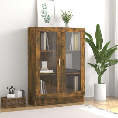 QUAHEAS Stilvoller Vitrinenschrank Räuchereiche, 82,5x30,5x115 cm, aus robustem Holzwerkstoff, idealer Stauraum und Organizer für Ihr Regal, Bücherregal oder Schrank im Wohnzimmer. von QUAHEAS