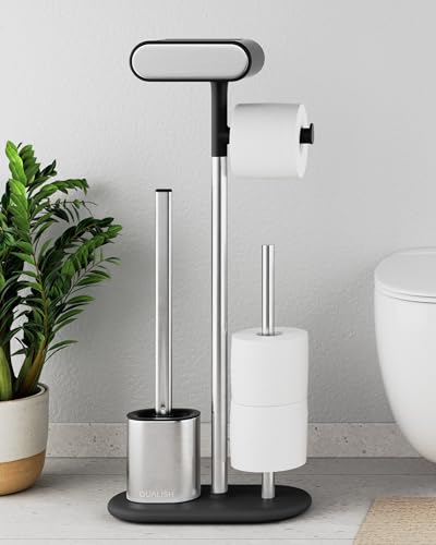 QUALISH® Toilettenpapierhalter Stehend Mit Bürste (Silikon) - Klopapierhalter Aus SS201 Edelstahl - WC Garnitur - Klorollenhalter - Toilettenpapierhalter Mit Bürste (Schwarz) von QUALISH