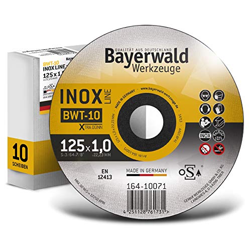 Bayerwald BWT-10 Metall Trennscheibe | Ø125 mm - Dicke 1 mm - Bohrung 22.23 mm | Form: gerade | geeignet für Edelstahl/Baustahl/Hardox/Bleche | passend für Winkelschleifer (10x) von QUALITÄT AUS DEUTSCHLAND Bayerwald Werkzeuge