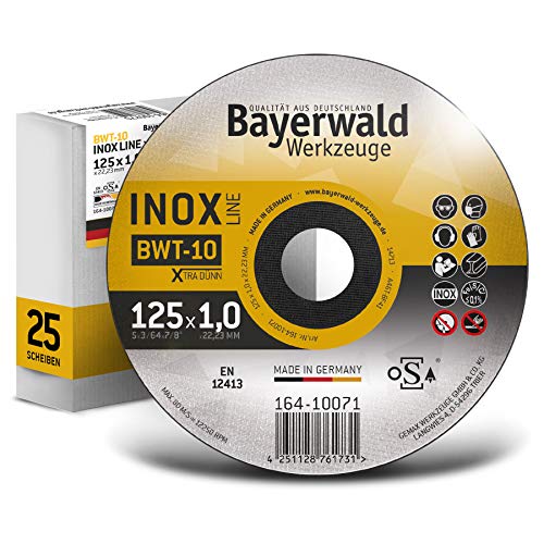 Bayerwald BWT-10 Metall Trennscheibe | Ø125 mm - Dicke 1 mm - Bohrung 22.23 mm | Form: gerade | geeignet für Edelstahl/Baustahl/Hardox/Bleche | passend für Winkelschleifer (25x) von QUALITÄT AUS DEUTSCHLAND Bayerwald Werkzeuge