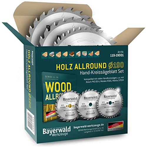 HOLZ ALLROUND Bayerwald Hand-Kreissägeblatt Set Ø 190 (3 tlg.) - für Tischlerplatten, Spanplatten, Holz Querschnitt etc. - Geeignet für Handkreissägen u.a. mit Bosch GKS 165 GKS 55. Makita DHS630Z von QUALITÄT AUS DEUTSCHLAND Bayerwald Werkzeuge