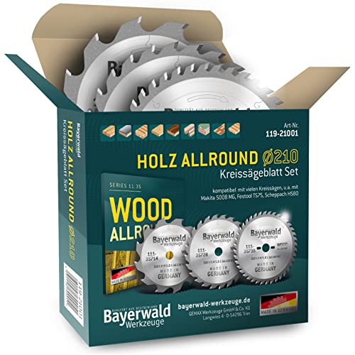 HOLZ ALLROUND Bayerwald Hand-Kreissägeblatt Set Ø 210 (3 tlg.) - für Holz Längsschnitt/Tischlerplatten etc. - Geeignet für Handkreissägen u.a. mit Bosch GKS 165 GKS 55. Makita DHS630Z von QUALITÄT AUS DEUTSCHLAND Bayerwald Werkzeuge