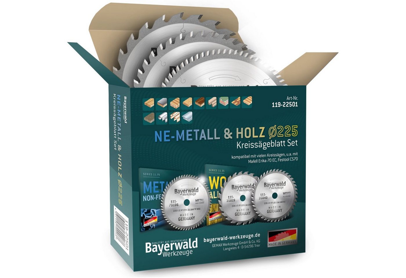QUALITÄT AUS DEUTSCHLAND Bayerwald Werkzeuge Kreissägeblatt NE-METALL & HOLZ Ø225 Hand-Kreissägeblatt Set QUALITÄT AUS DEUTSCHLAND Bayerwald Werkzeuge Kreissägeblatt NE-METALL & HOLZ Ø225 Hand-Kreissägeblatt Set von QUALITÄT AUS DEUTSCHLAND Bayerwald Werkzeuge