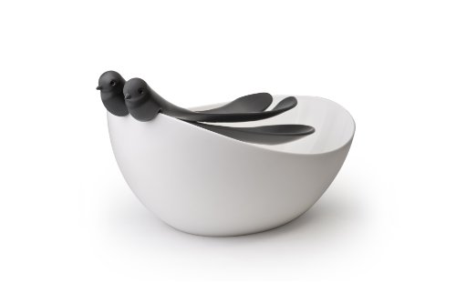 QUALY Sparrow Salatschüssel + Besteck, Kunststoff, Schwarz, 230 x 300 x 155 mm, Salad Bowl with Servers, Salad Bowl, Salad Bowl Large Serving, Bowls for Kitchen Plastic, von QUALY